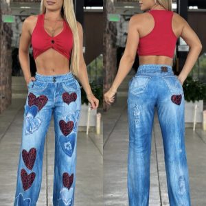 3pc Set Pants Top & Jacket Denim Hearts
